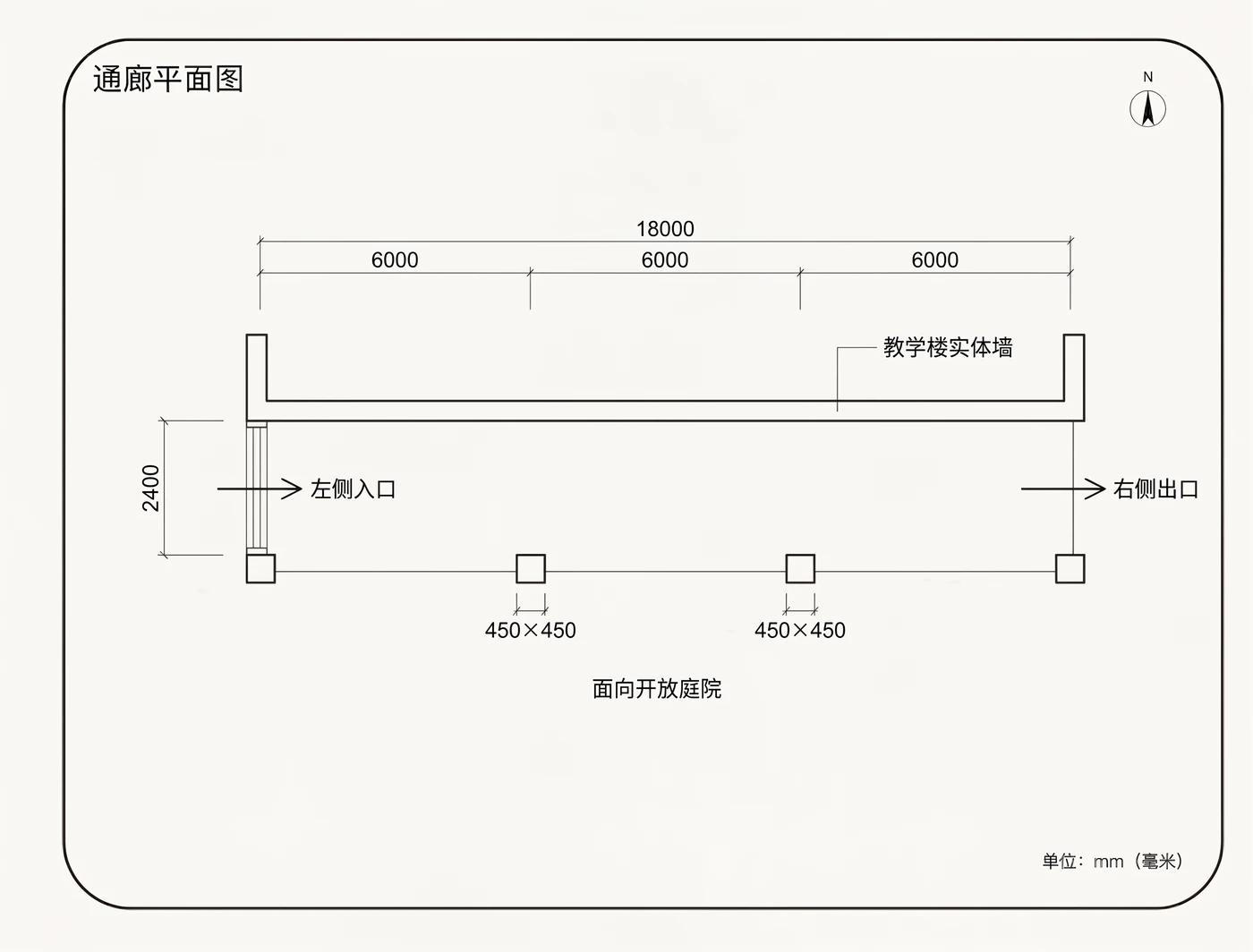 通廊平面图：18000 × 2400mm，柱距 6000mm × 3 跨，左入右出
