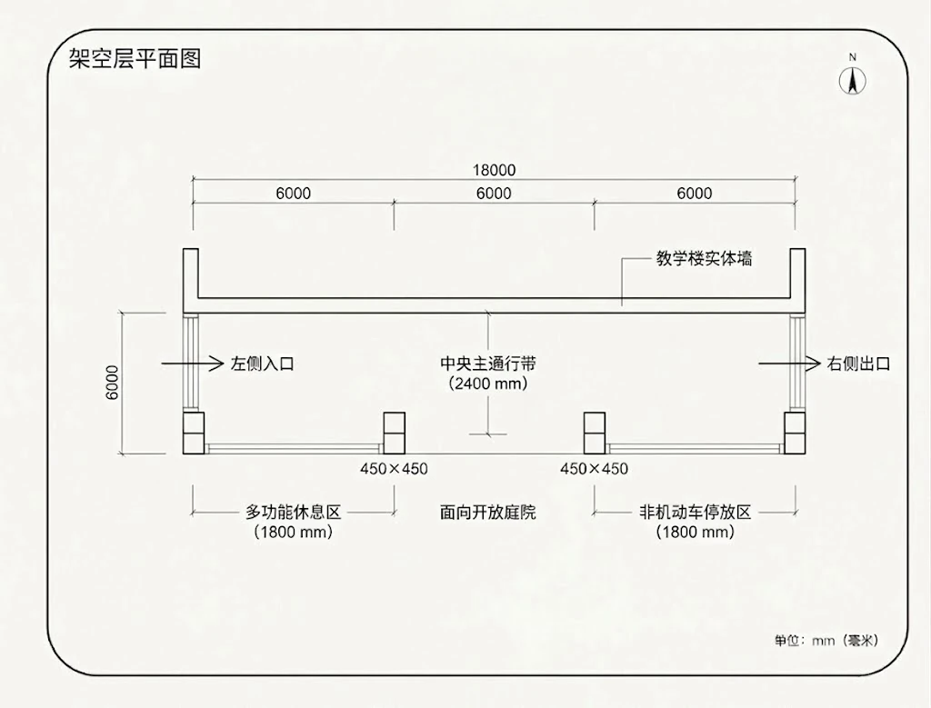 架空层平面图：18000 × 6000mm，中央通行带 2400mm，两侧各留 1800mm